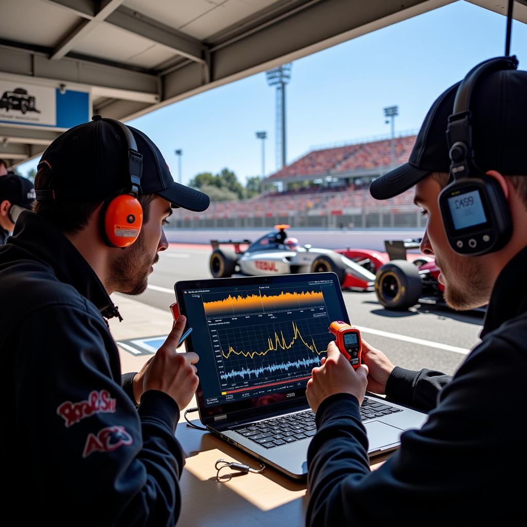 Race car diagnostic tools in action at a pit stop.