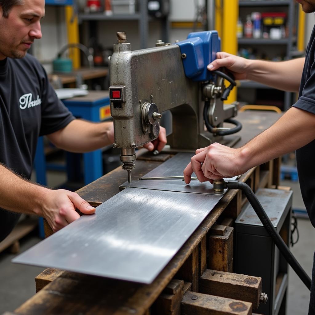 Race car sheet metal tools being used to fabricate a custom part for a high-performance vehicle.