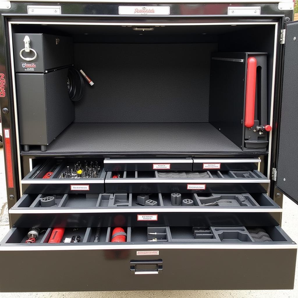 A well-organized race car trailer tool box with labeled drawers, dividers, and foam inserts for optimal tool storage and protection.