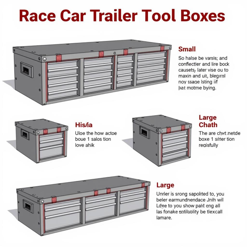 Race car trailer tool boxes in various sizes, showcasing different configurations and storage capacities.