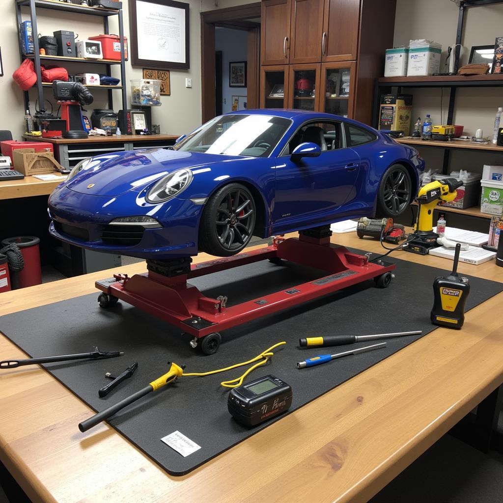 RC Car Tool Stand in Use: Maintaining an RC car on a dedicated stand