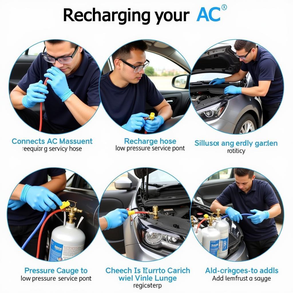 Steps to Recharge a Car's AC: Connecting the hose, monitoring pressure, adding refrigerant.