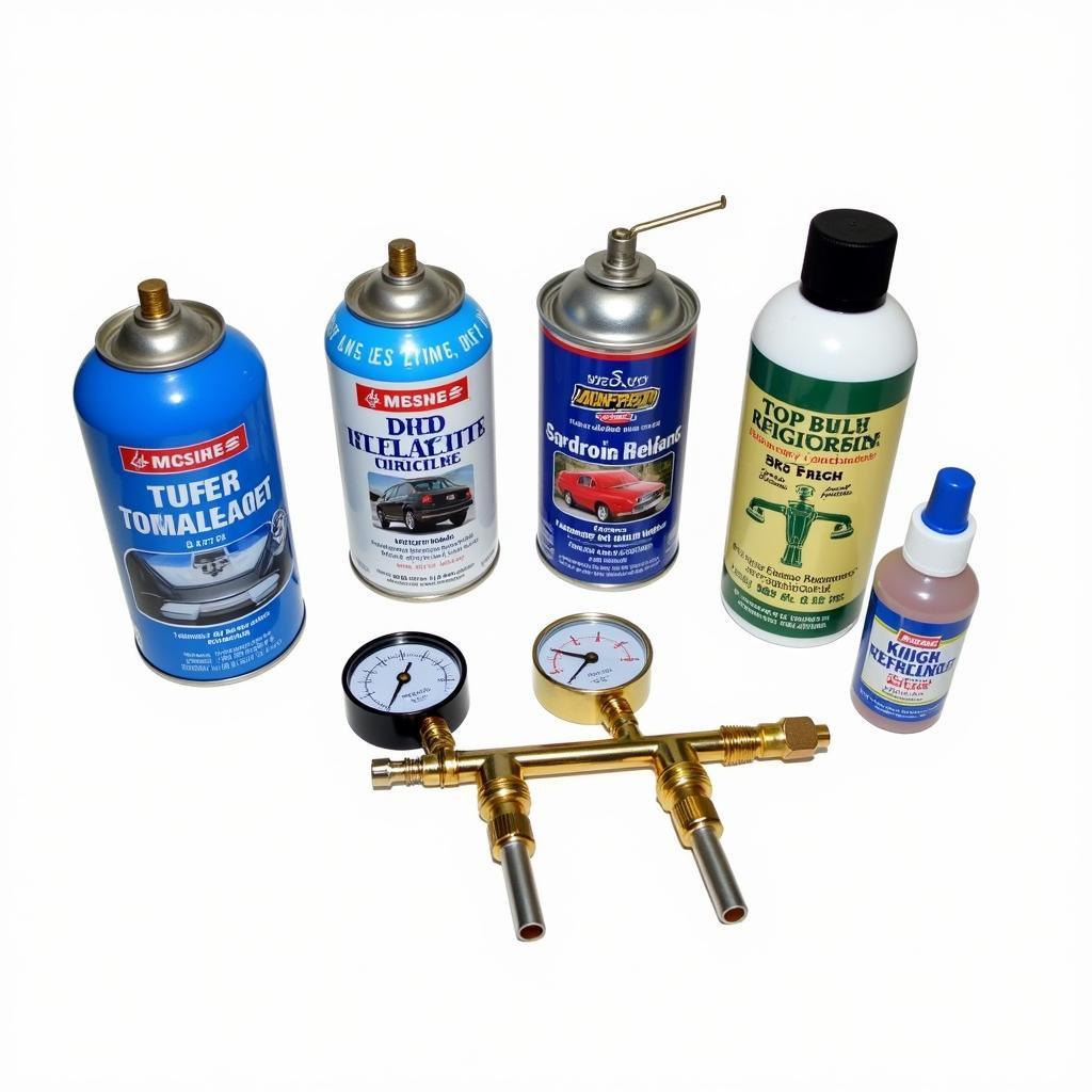 Refrigerant cans and AC manifold gauge set arranged together