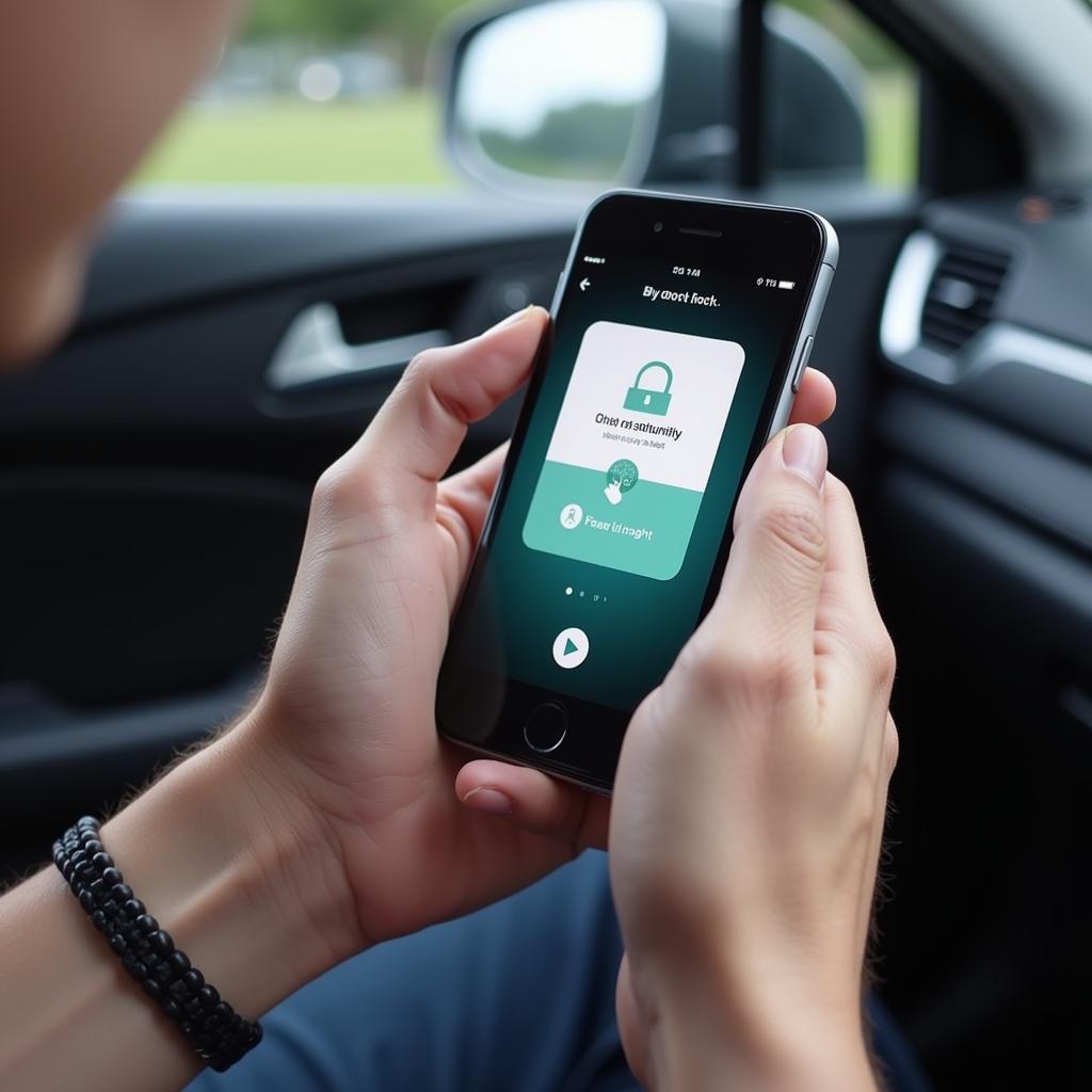 Remote car unlocking app on a smartphone being used to unlock a car door