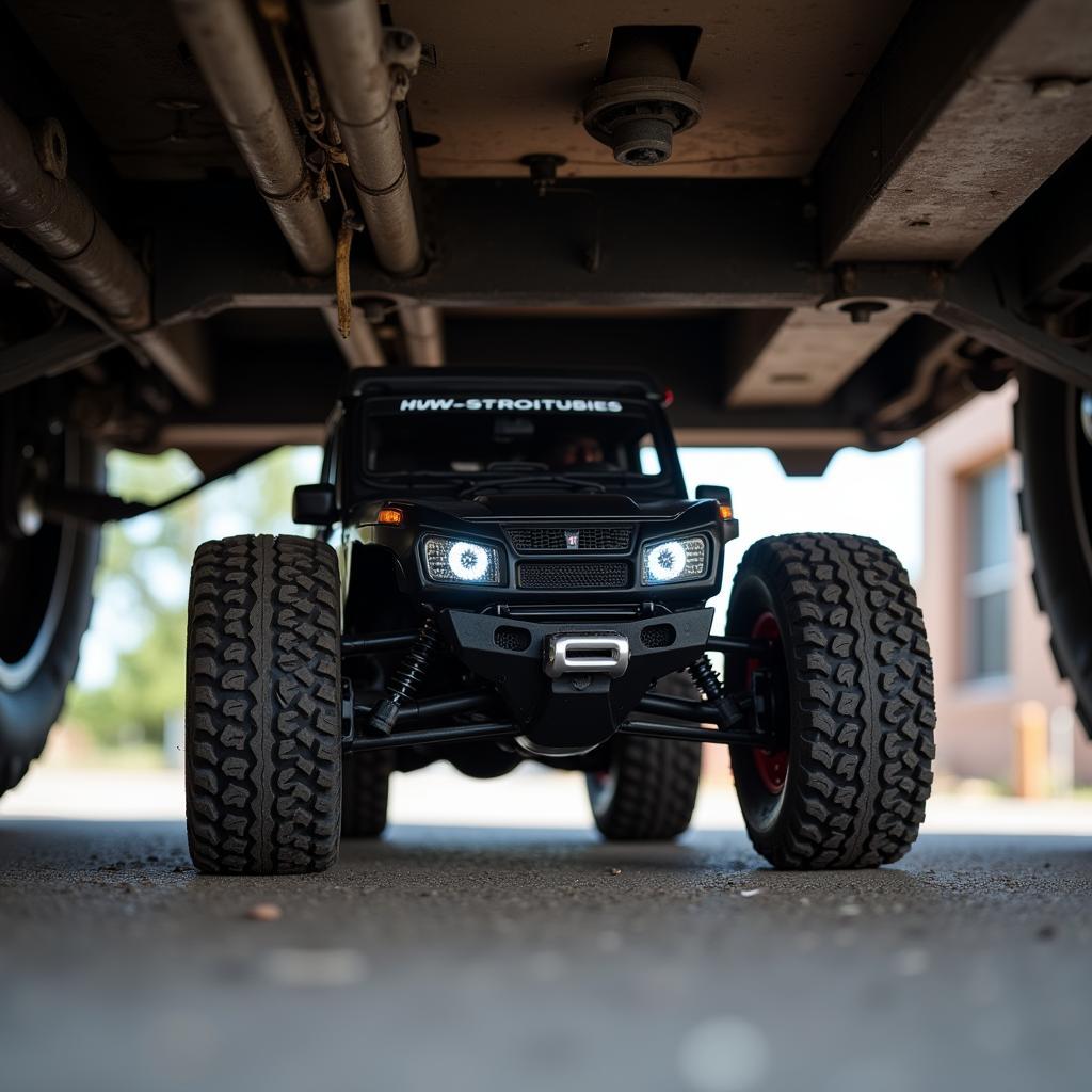 Remote control car equipped with a camera for undercarriage inspection.