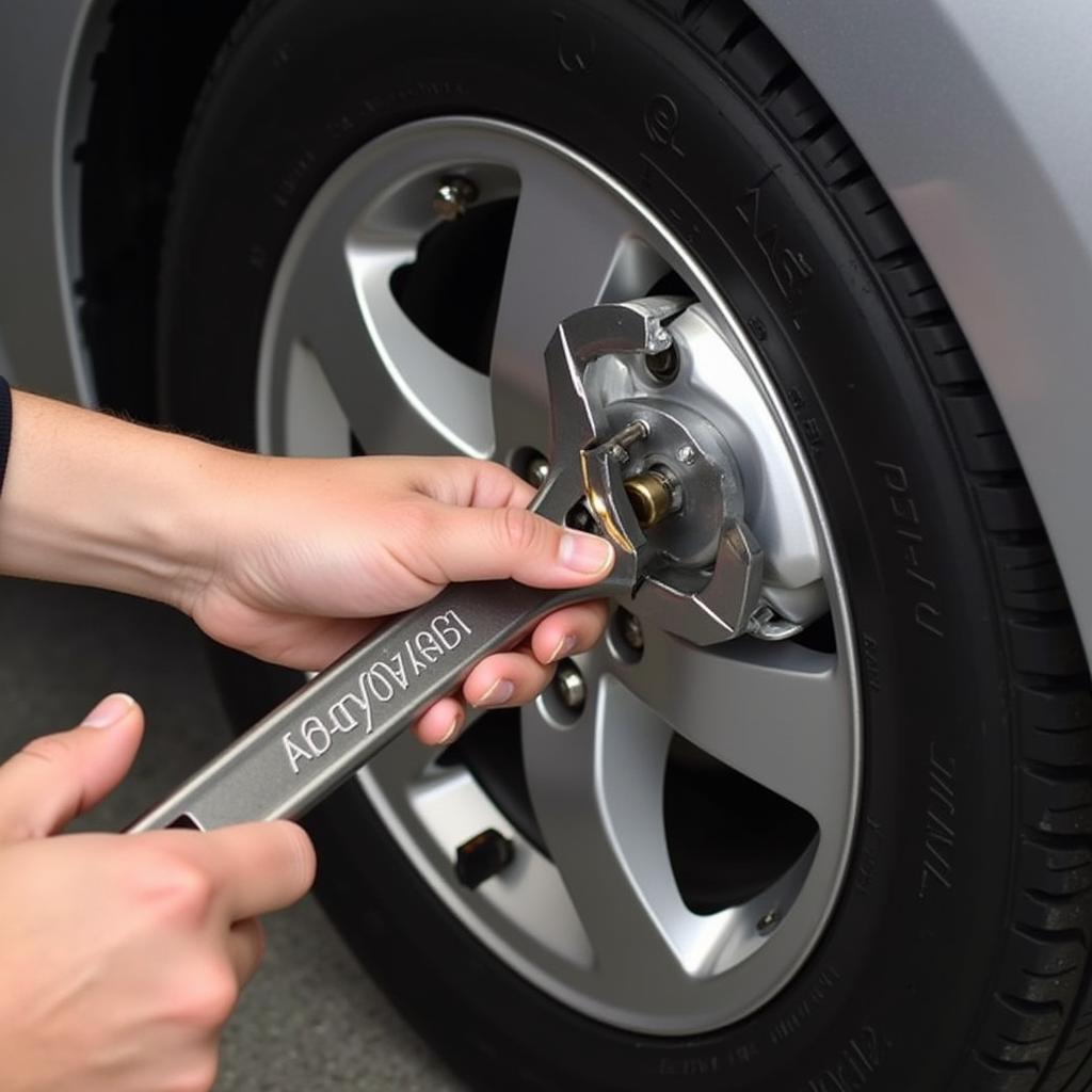 Removing Car Tyre with Lug Wrench