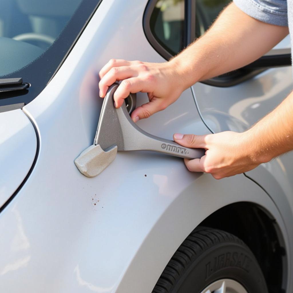 Removing Dried Car Sap with a Plastic Scraper