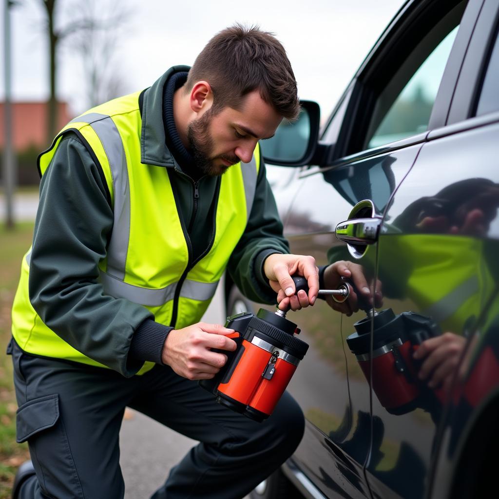 Roadside Assistance Technician Unlocking a Car