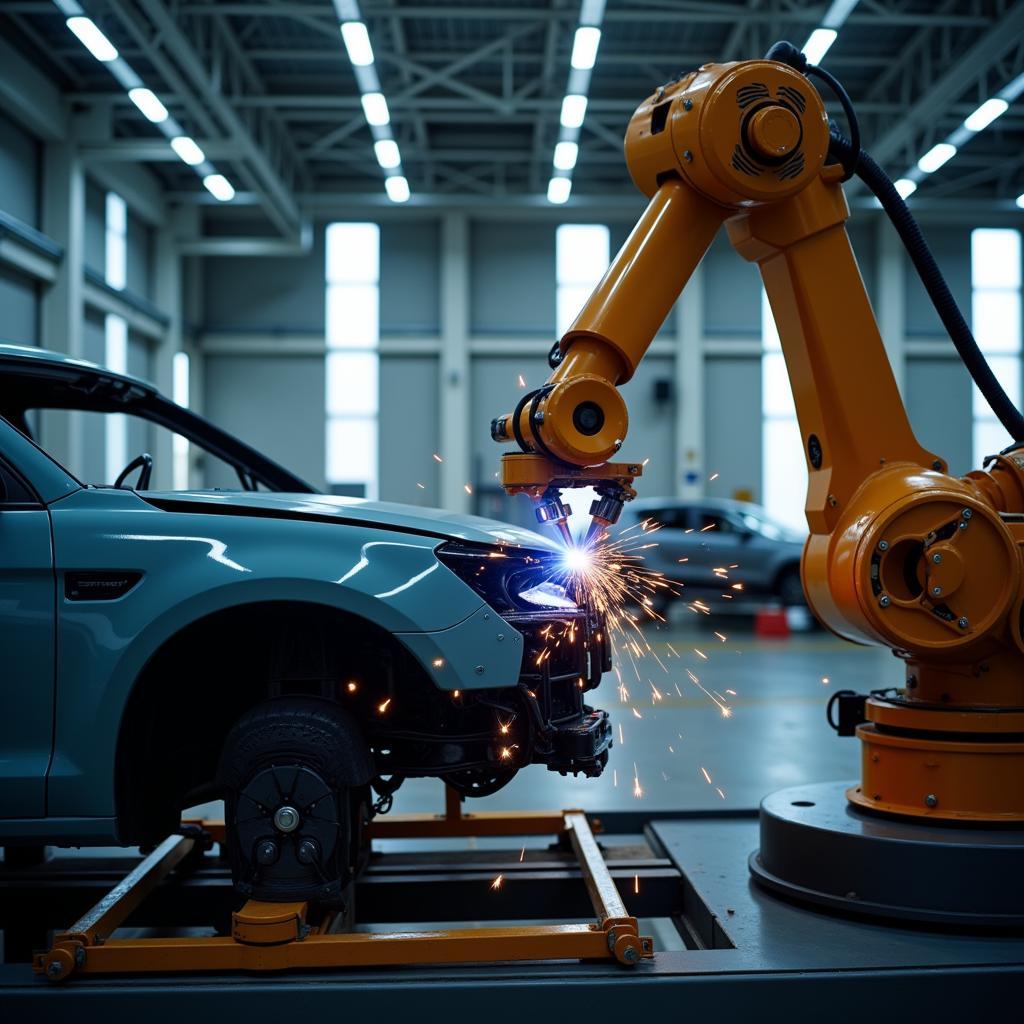 Robotic arm welding a car body in an automated assembly line