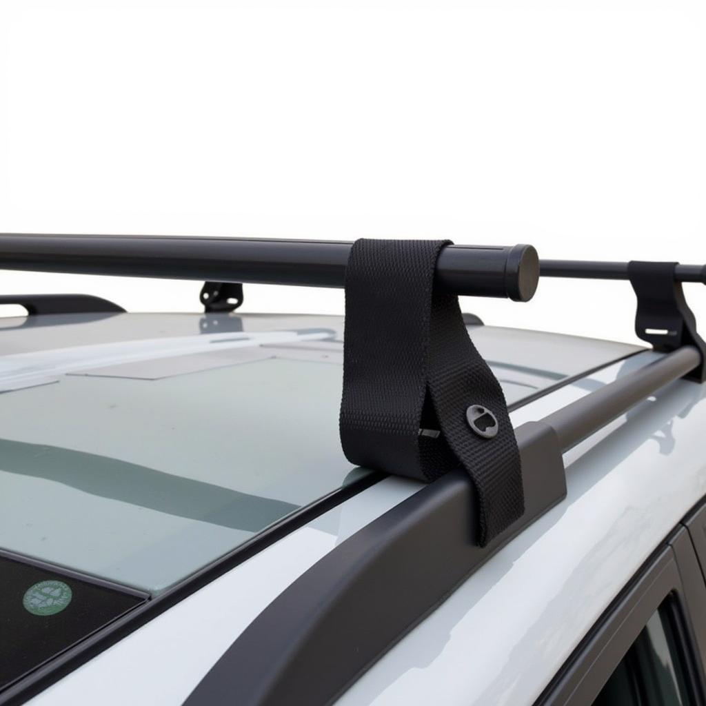 Roof rack, crossbars, and tie-down straps for securing cargo.