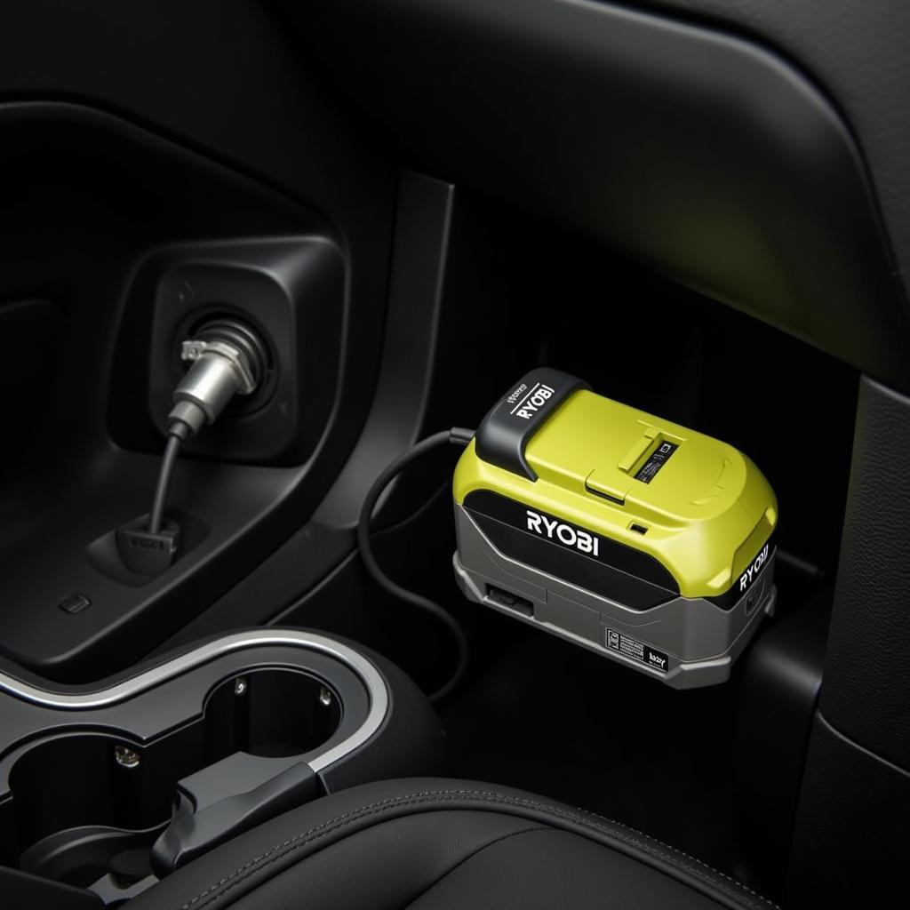 Close-up of a Ryobi 18v battery being charged by a Ryobi 18v car charger inside a vehicle.