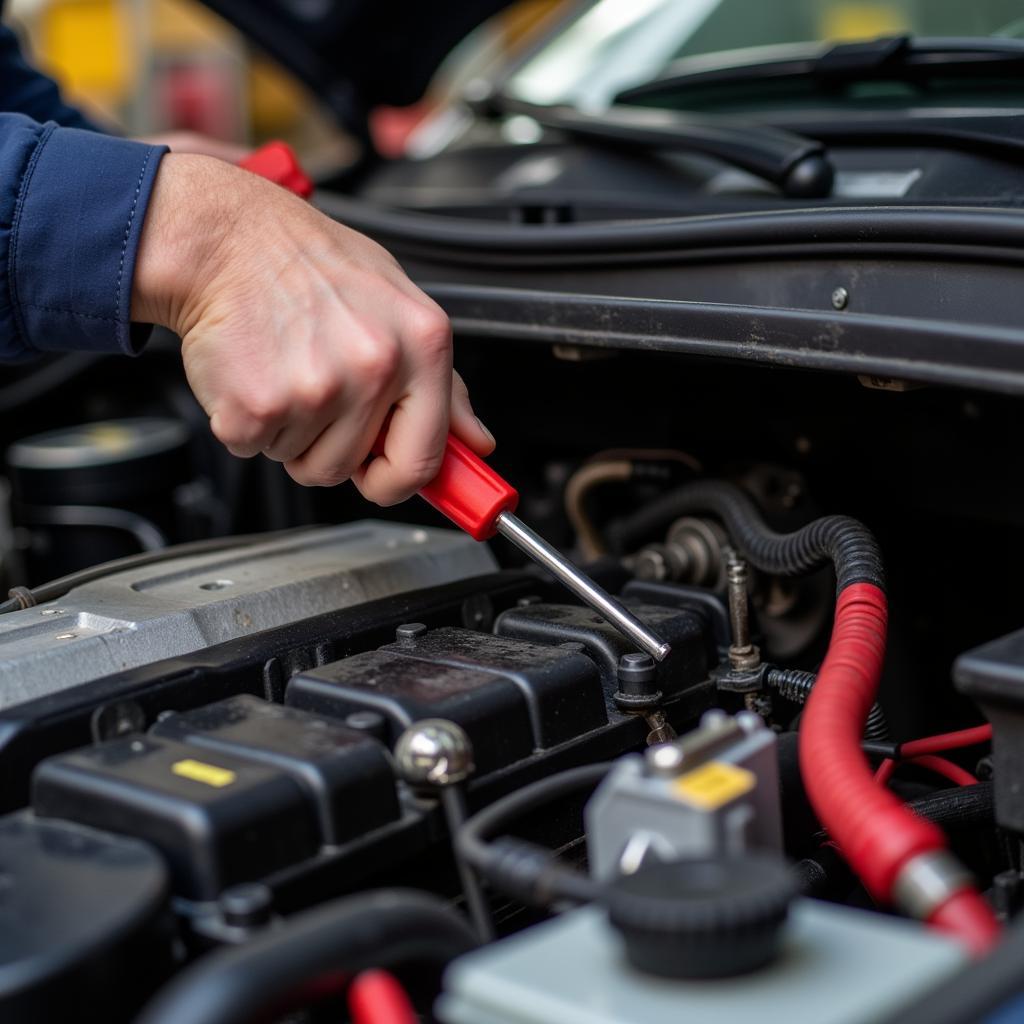 An electrician using insulated screwdrivers on a car's electrical system.