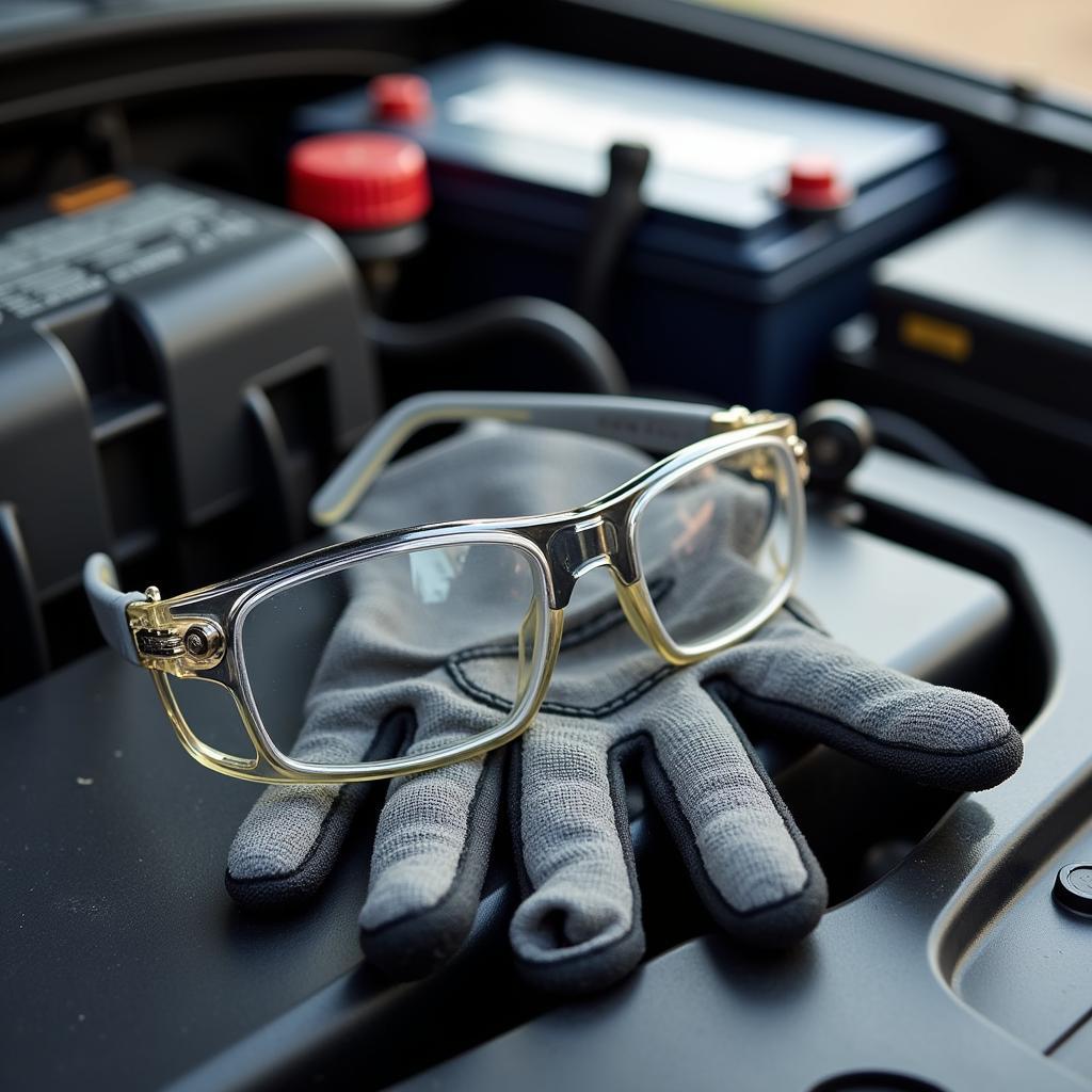 Safety glasses and gloves for changing a car battery