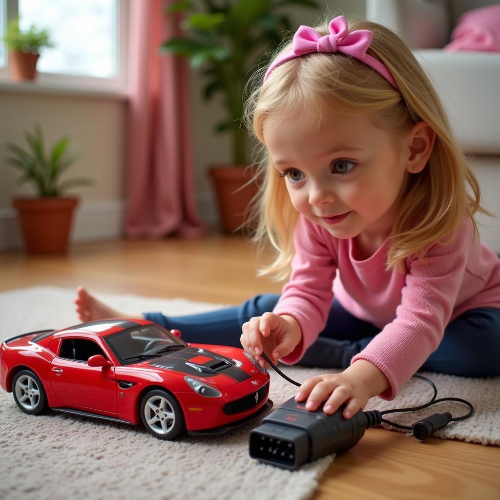 Sandra using an OBD-II scanner on a toy car