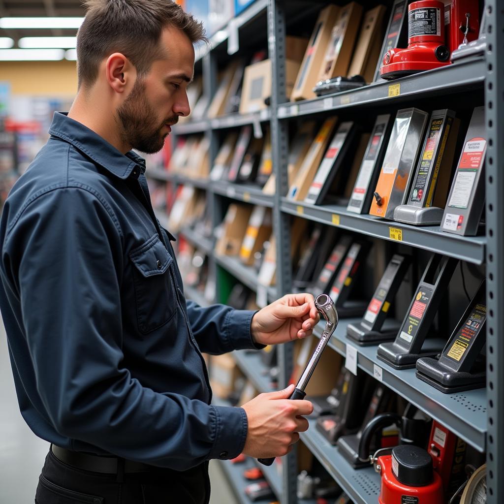 A person inspecting a lug wrench and car jack in an auto parts store.