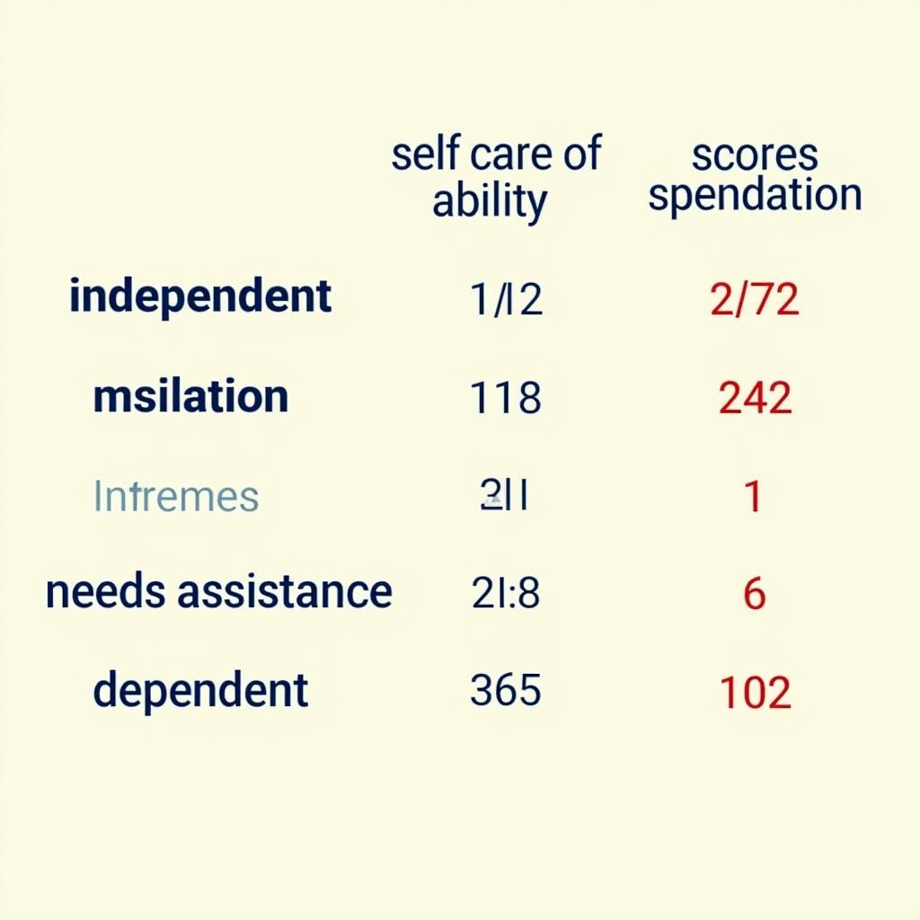 Self Care Assessment Scoring Chart with Different Levels and Corresponding Scores