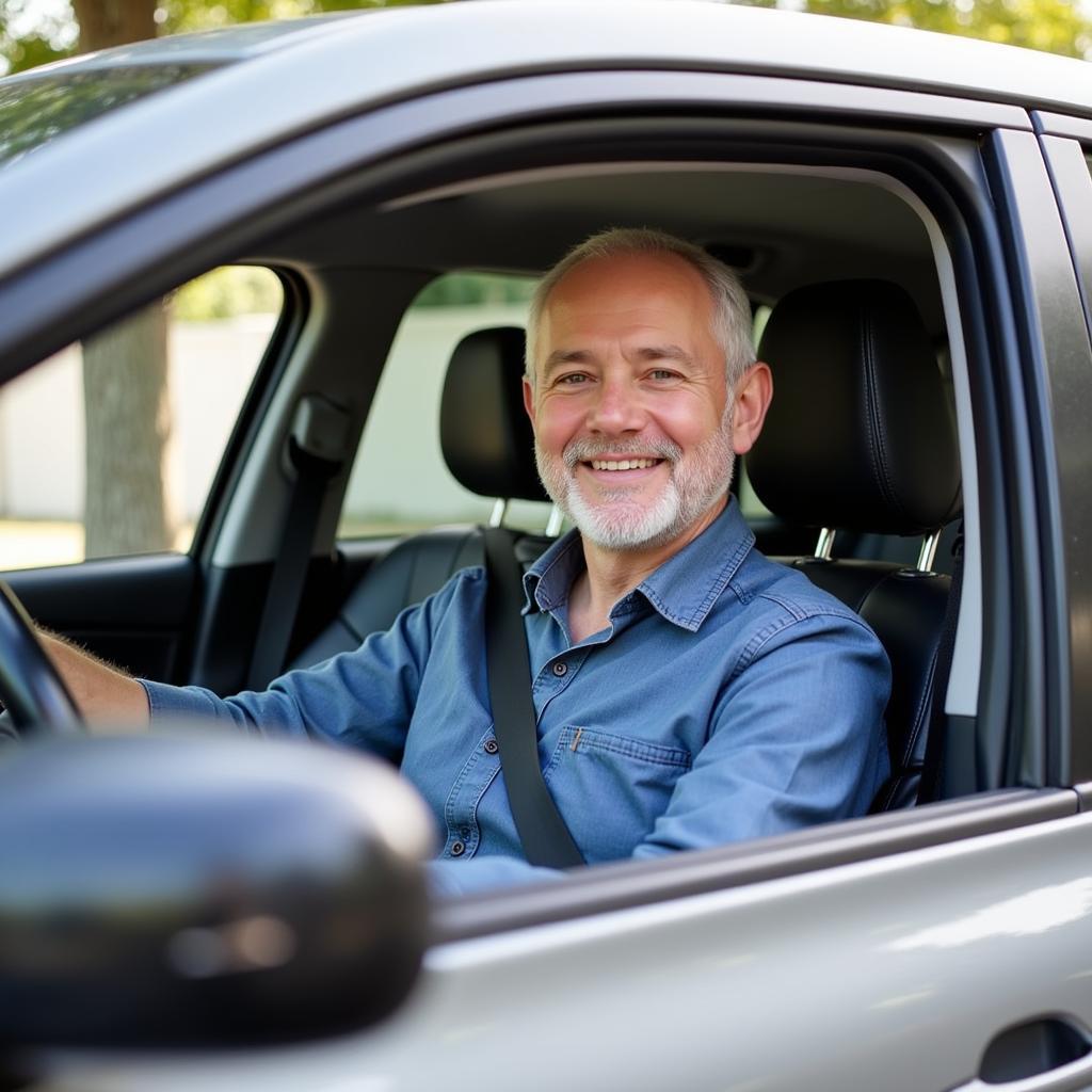 Senior citizen enjoying driving independence with a car exit tool