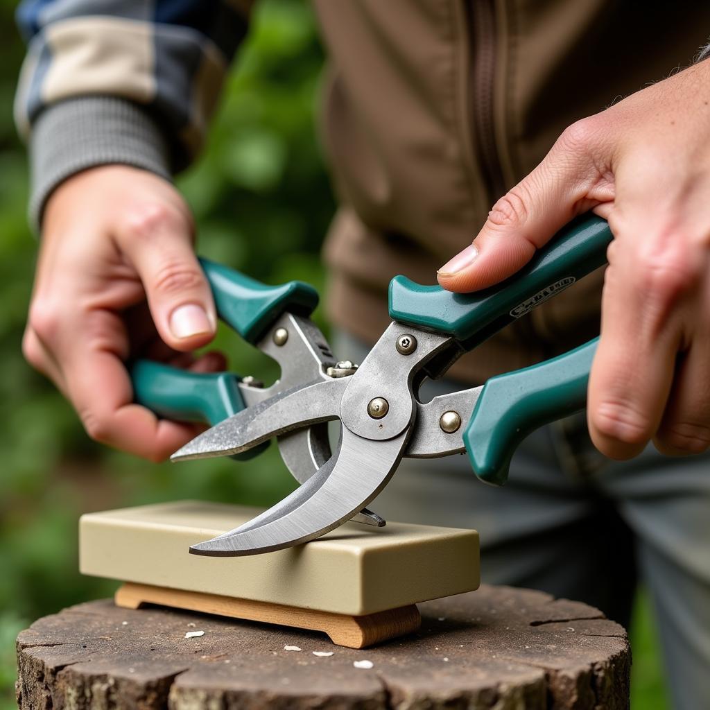 Sharpening garden pruners with a sharpening stone