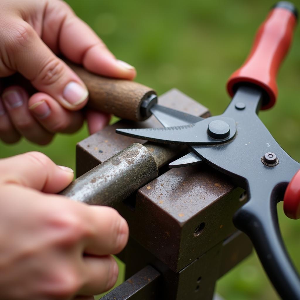 Sharpening garden shears with a file