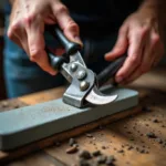 Sharpening garden shears with a sharpening stone