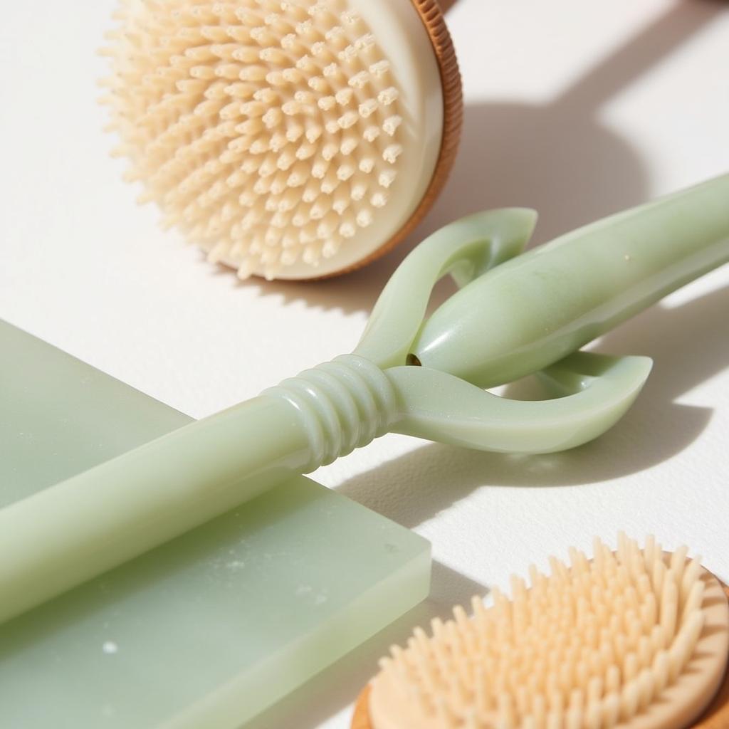 Skincare tools like a cleansing brush and face roller.