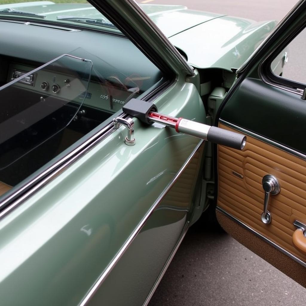 Slim Jim being used to pick a 1970s car lock