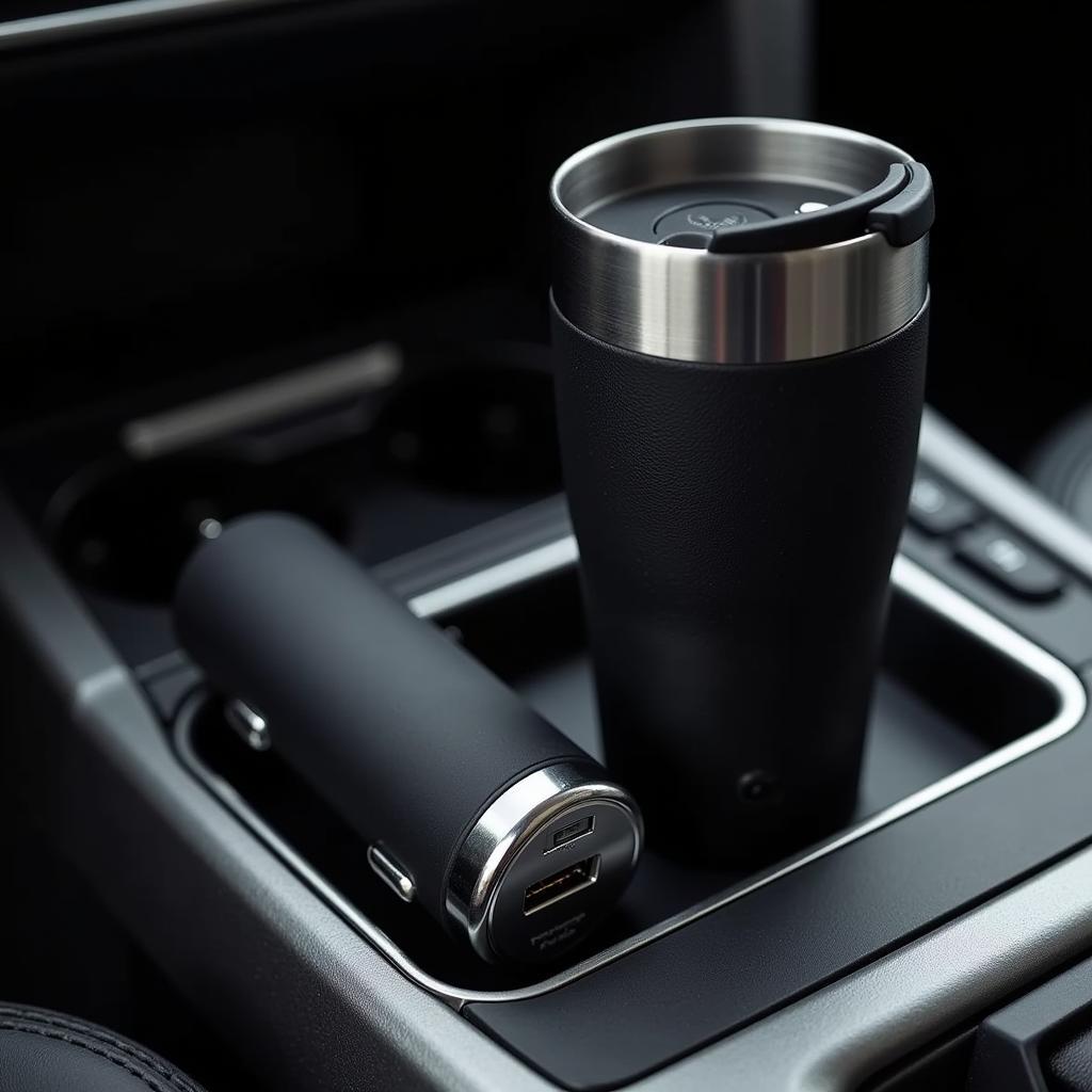 Slim Profile Travel Mug Next to Car Charger