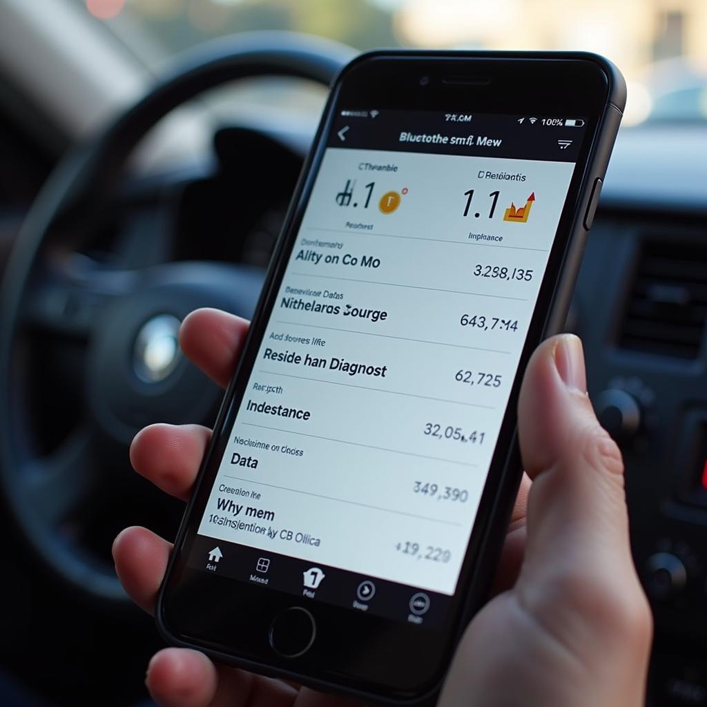 A smartphone displaying car diagnostics data from a Bluetooth OBD2 tool.