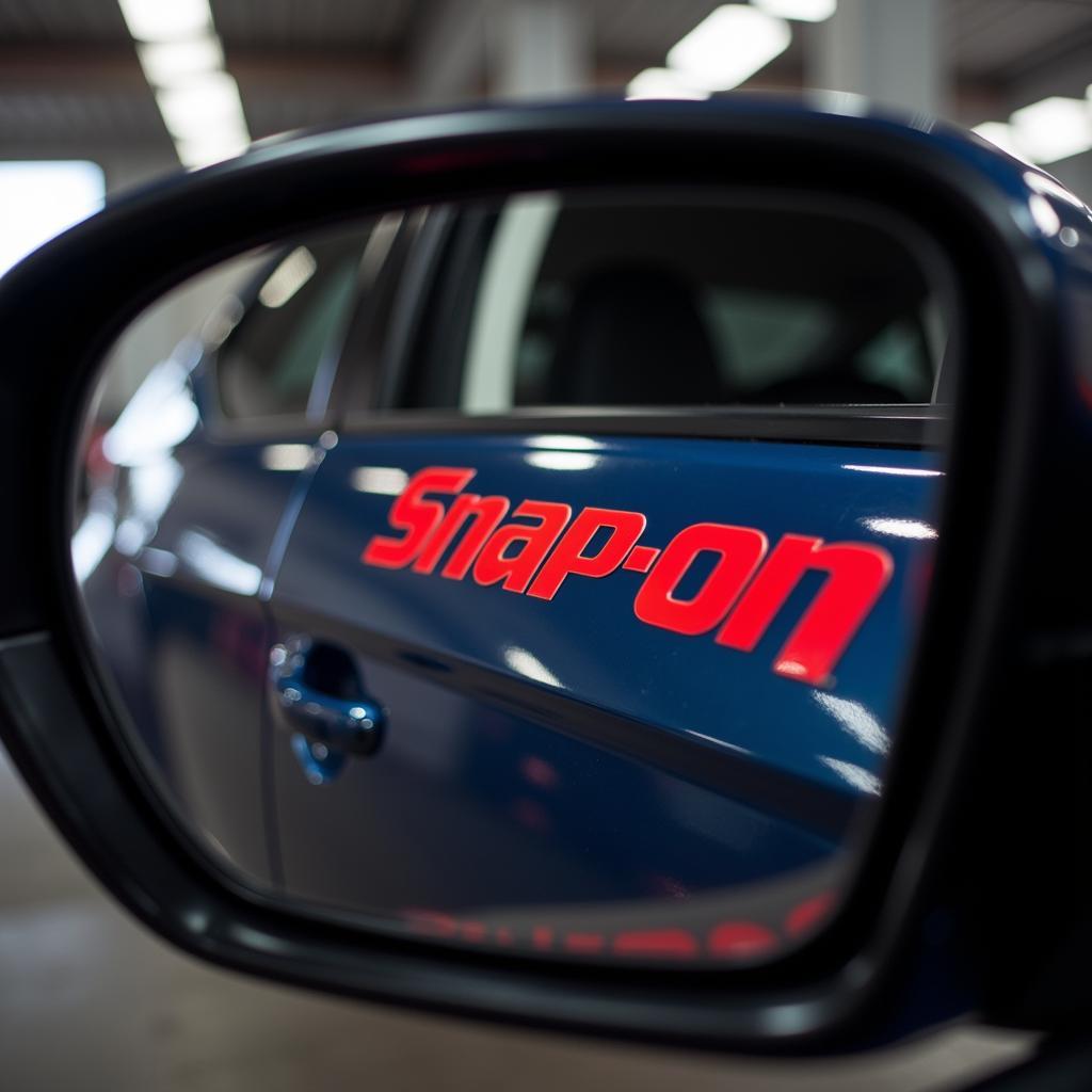 Snap-on logo reflected in a car mirror