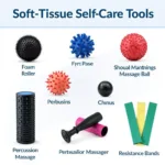 Various soft tissue self-care tools like foam rollers, massage balls, and percussion massagers.