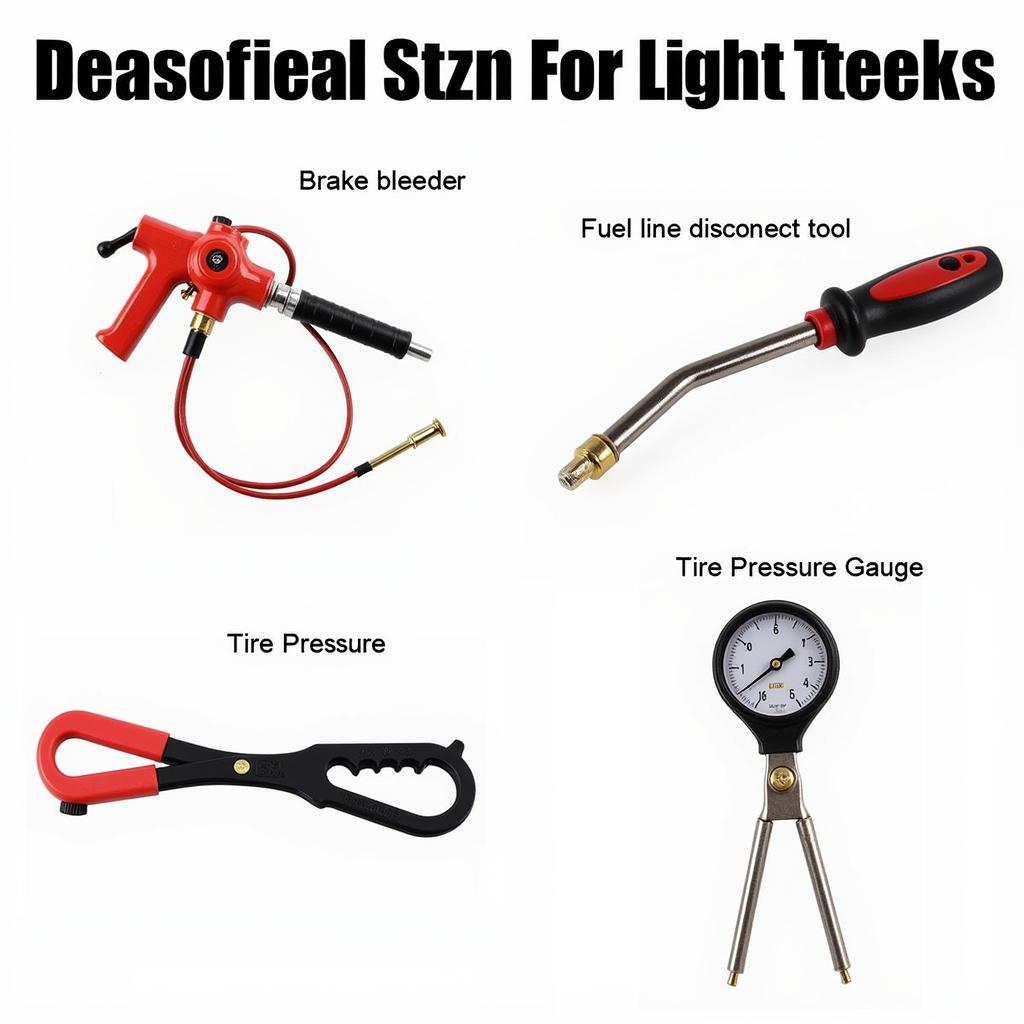 Specialized Tools for Car Repair - Brake bleeders, fuel line disconnect tools, and a tire pressure gauge are displayed.