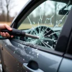 Spring-loaded center punch breaking a car window