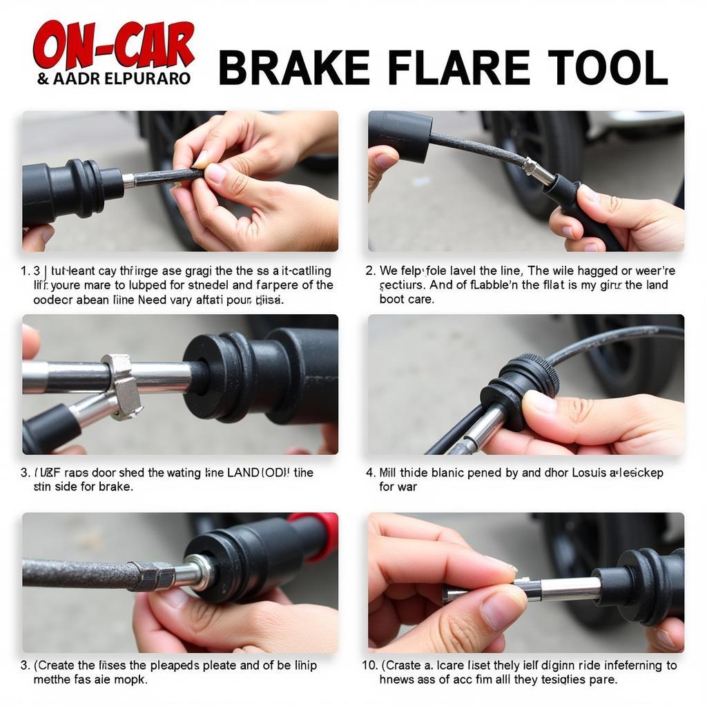 A step-by-step visual guide on how to use an on-car brake flaring tool to create a double flare on a brake line.