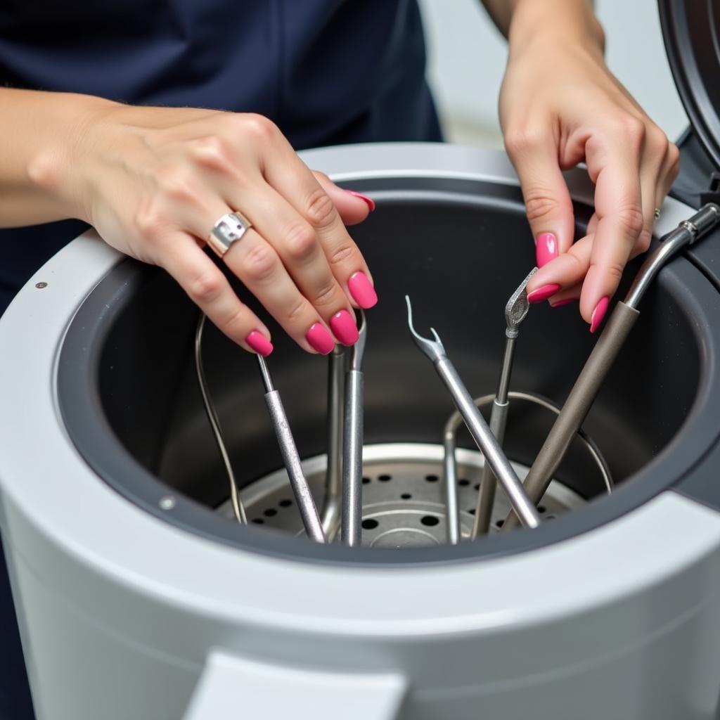 Nail technician loading nail implements into an autoclave for sterilization.