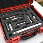 Marking out tools organized in a toolbox with foam inserts.