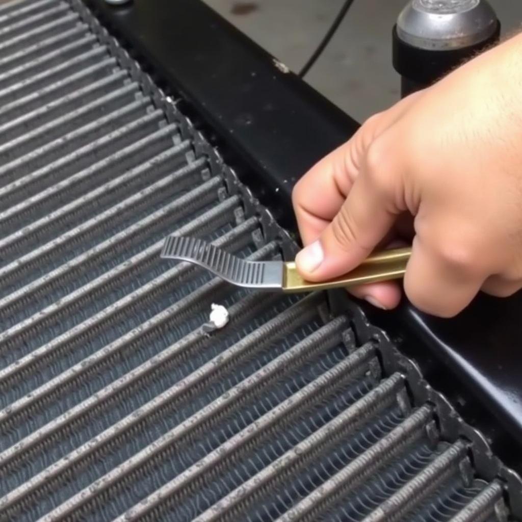 Using a fin comb to straighten bent radiator fins on a car radiator