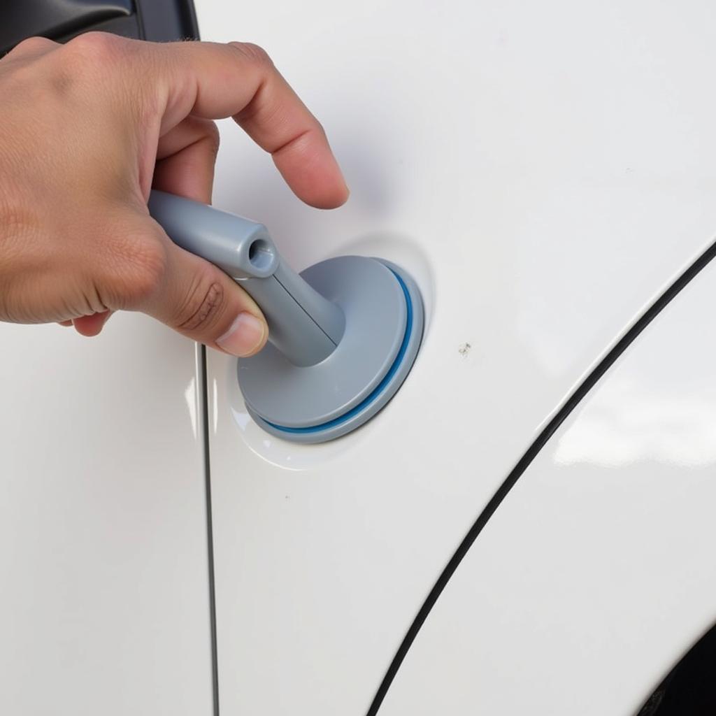 Suction cup dent puller being used to remove a small dent from a car door