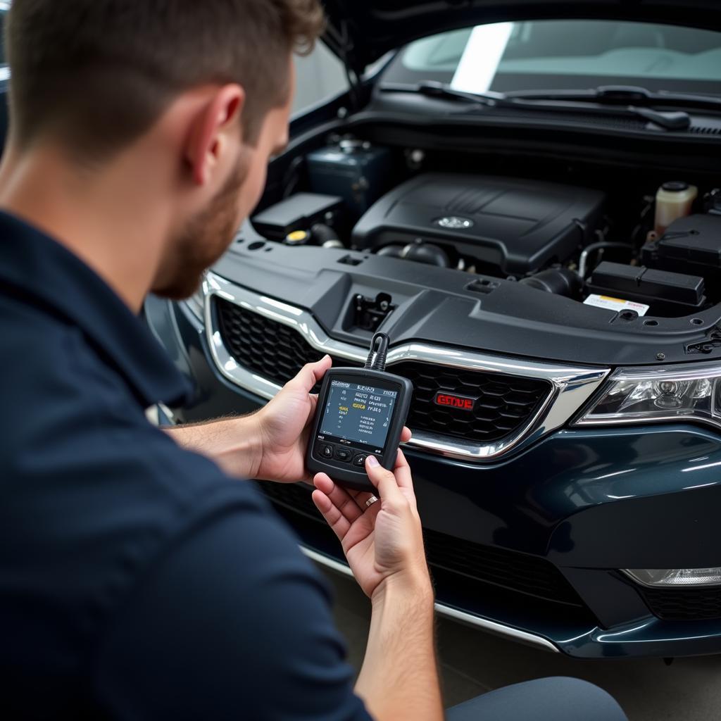 Mechanic using a high-tech diagnostic scanner on a modern car engine.