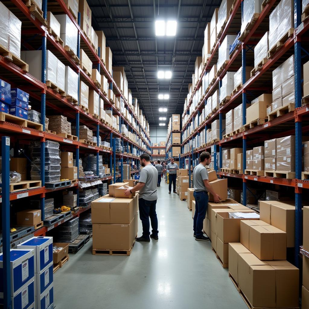 A busy warehouse with car opening tools ready for shipment