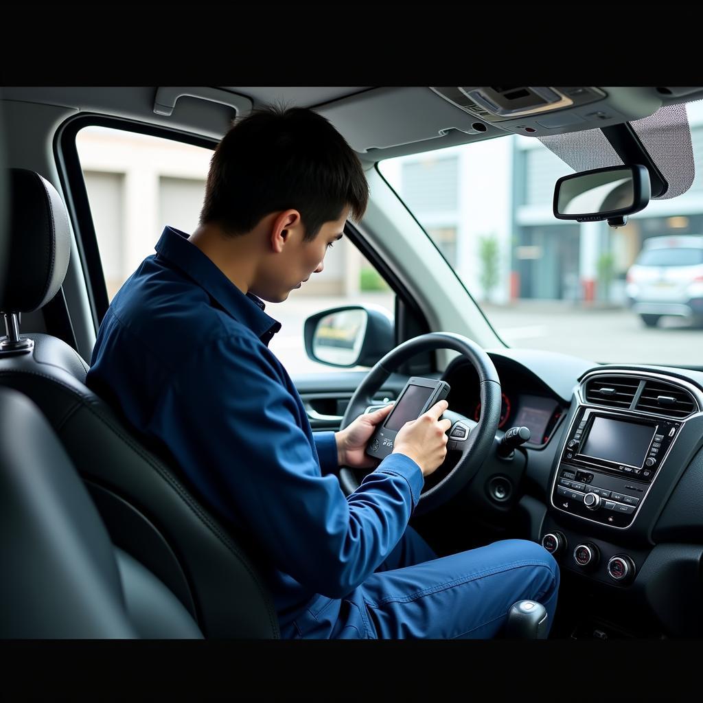 Mechanic Using a Diagnostic Scanner in a Taiwanese Tool Station Car