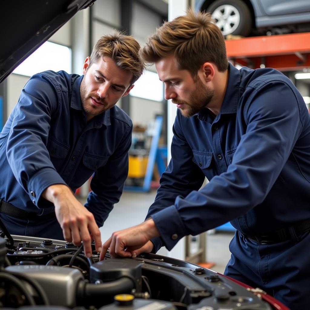 Two mechanics discussing a repair strategy while examining a strios car engine.