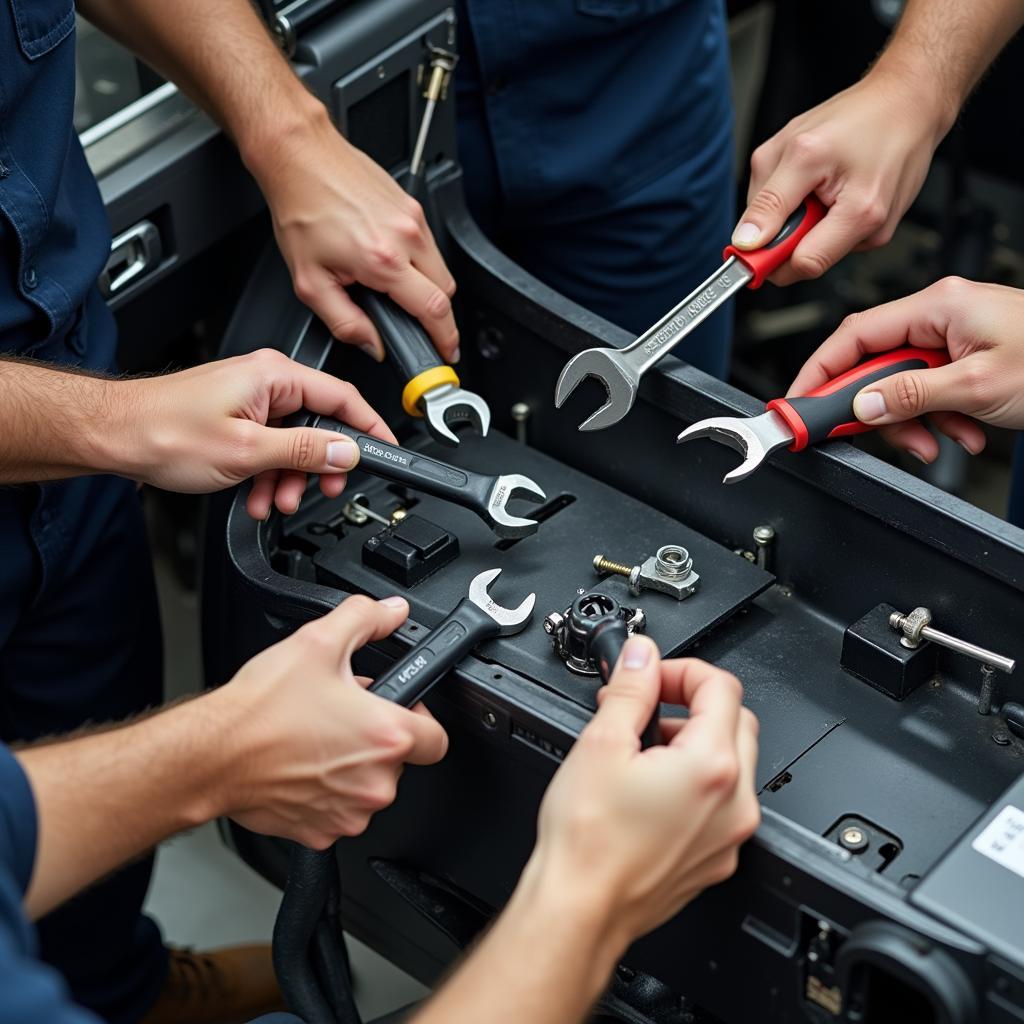 Team Stripping Car with Hand Tools