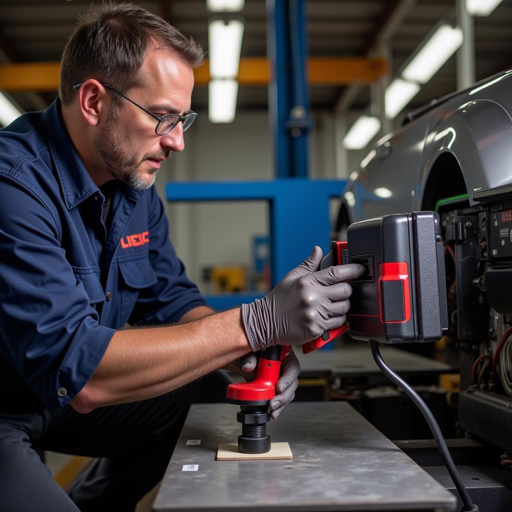 Technician Calibrating a Laser Alignment Tool