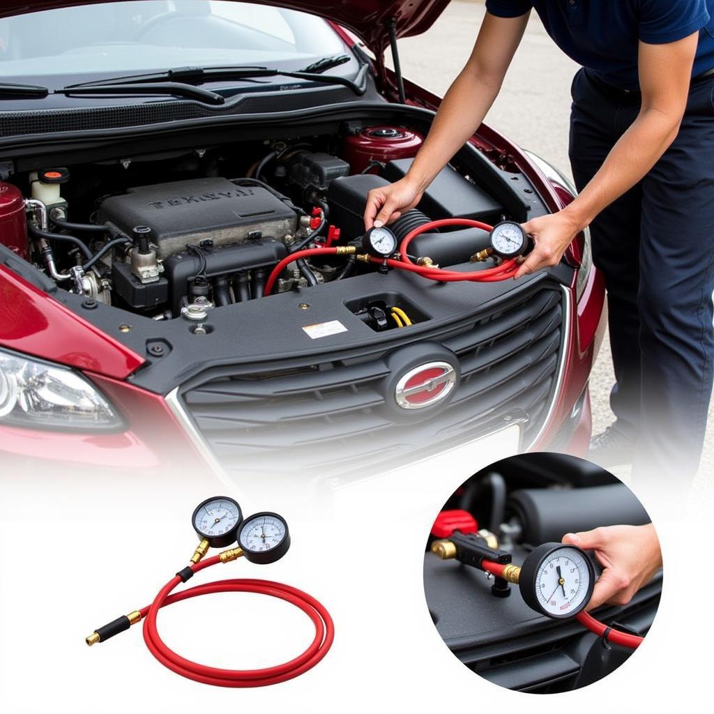 Technician using an AC manifold gauge set to recharge a car's AC system