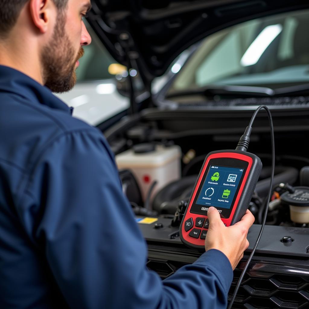 Automotive Technician Using a Diagnostic Tool on a Vehicle