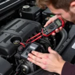 Technician Using a Multimeter on a Car Engine