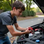 Teenager Using Jumper Cables to Start a Car