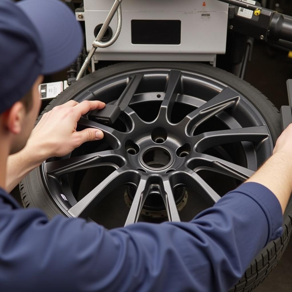 Tire mounting tools in action: A mechanic uses a tire changer to mount a tire onto a wheel rim.