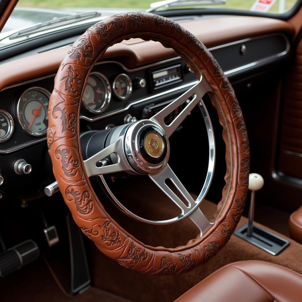 Tooled Leather Steering Wheel Cover in a Classic Car