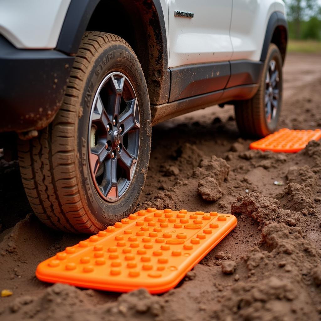 Using Traction Mats to Free a Stuck Car in Mud